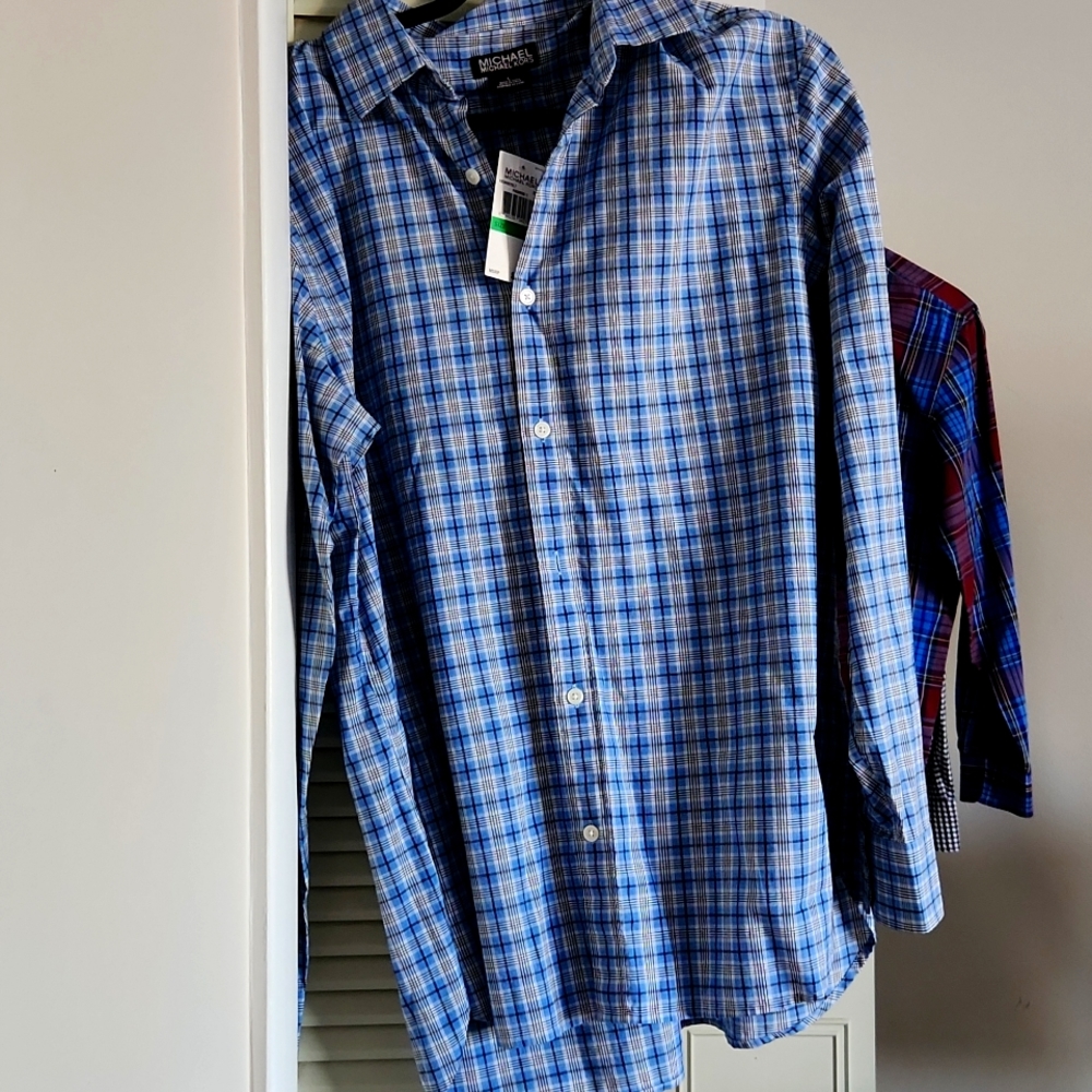 Michael Kors Blue Plaid Button Down Dress Shirt